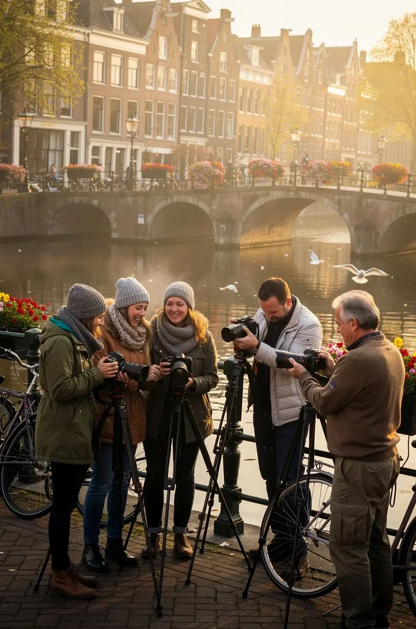 Fotograaf die langs een pittoresk Nederlands kanaal wandelt bij zonsopgang, met historische straatjes en een traditionele windmolen op de achtergrond.